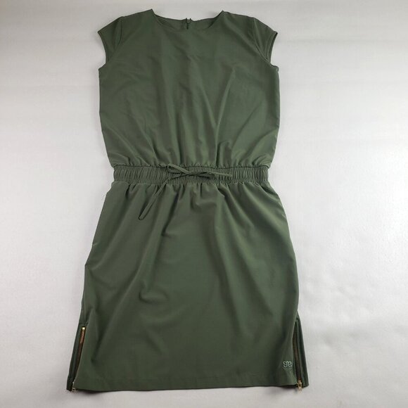 Albion Going Places Drawstring Dress Women Medium Green Cap Sleeve Pockets Nylon - Picture 2 of 12